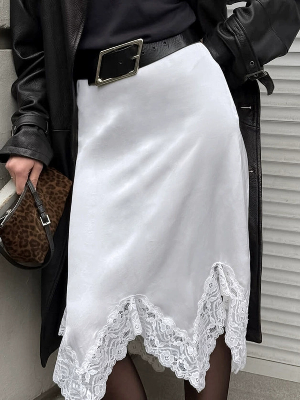 Forever 21 Faux Acetate Satin Lace High Waist Asymmetric Skirt